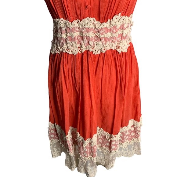 Vasna Fit N Flare Cotton Lace Dress L Coral Orange V Neck Lined Boho Knee Length - Picture 3 of 7